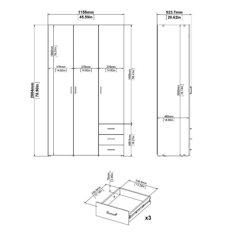 Space White Wardrobe w/ 3 Doors & 3 Drawers 2000 - White Tree Furniture