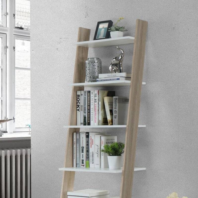 Mapleton Tall Ladder Bookcase in White & Oak Effect - White Tree Furniture