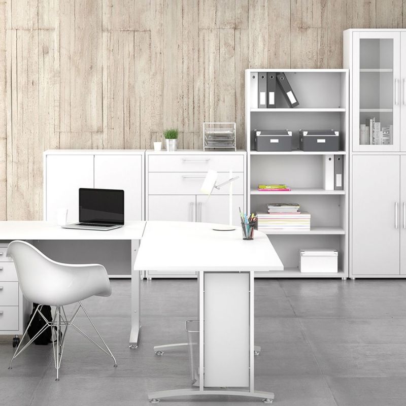 Modern office setup with white furniture, desk, and shelves against a wooden wall.