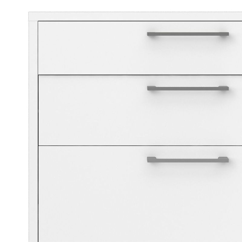 White cabinet with three silver handles on a white background