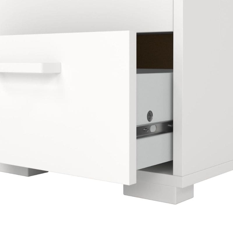 White cabinet with open door revealing a dark interior.