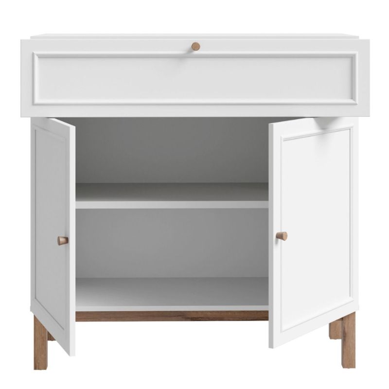 White cabinet with open doors on a white background