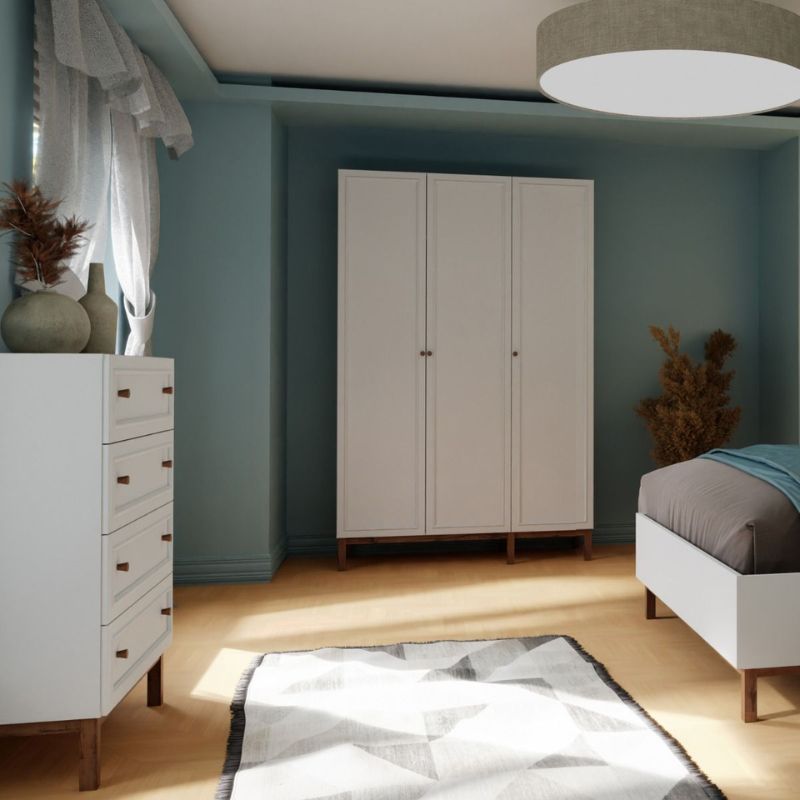 Modern bedroom with a wardrobe, dresser, and bed.