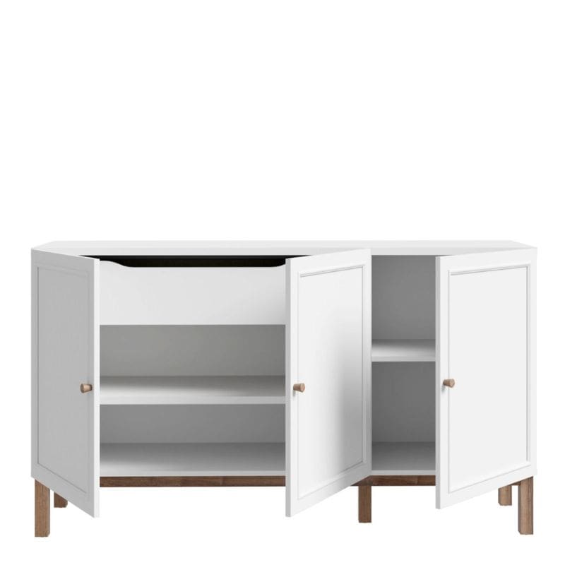 White sideboard with three doors on a white background