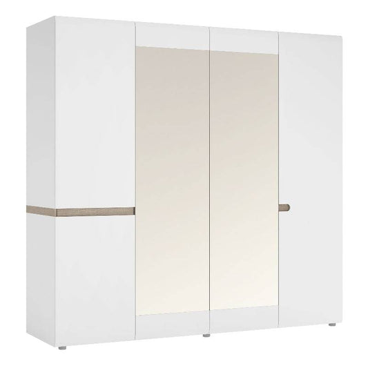 Chelsea 4 Door Wardrobe w/ Mirror in White & Truffle Oak Trim - White Tree Furniture