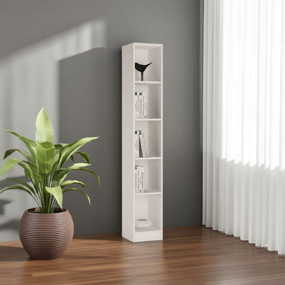 White bookshelf with decorative items next to a potted plant in a room with gray walls and white curtains.