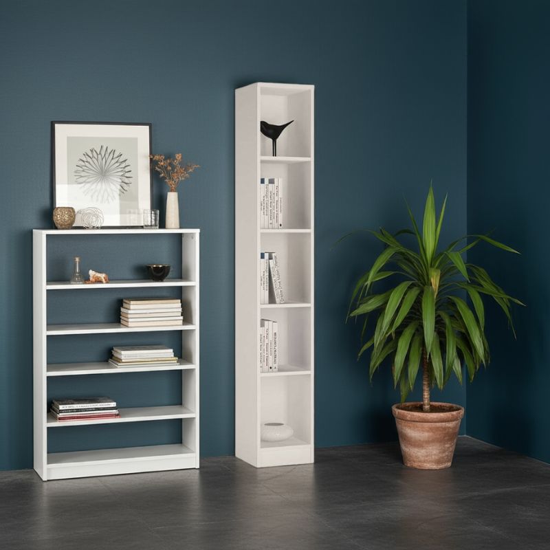 White bookshelves against a blue wall with decorative items and a plant.