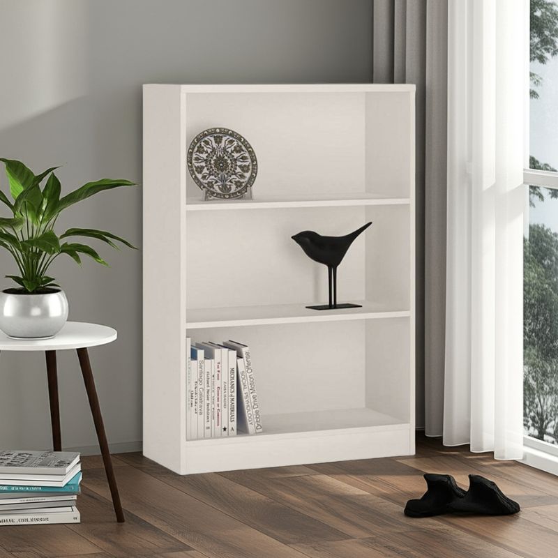 White bookshelf with decorative items in a room with a plant and table.