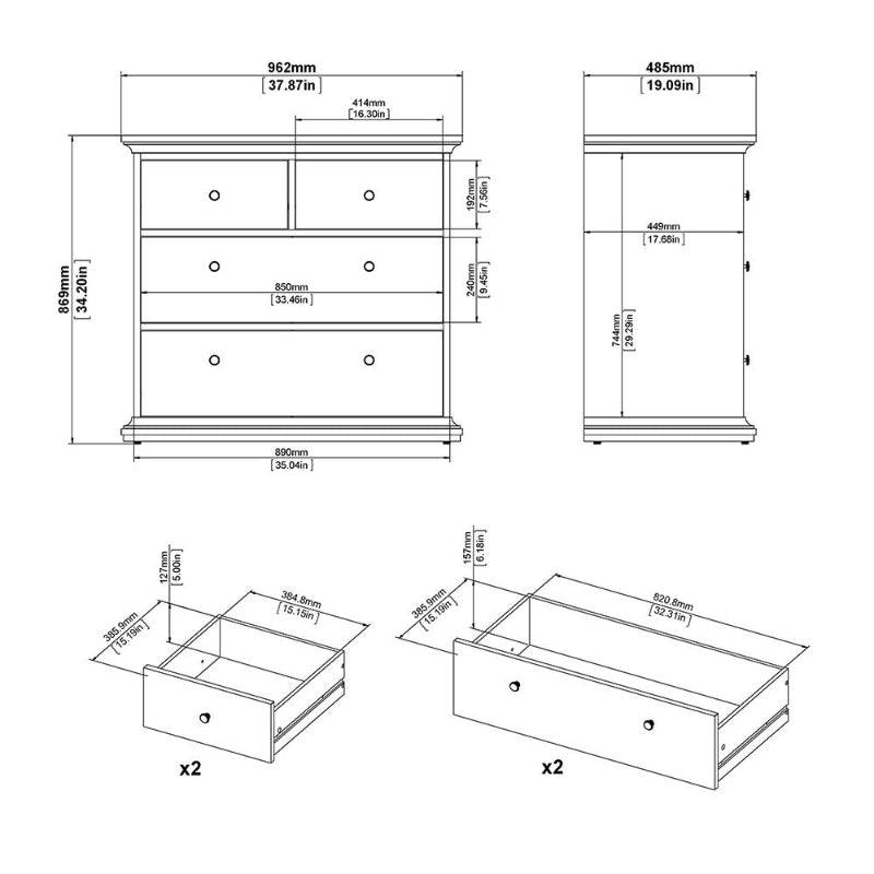PARIS WHITE SET - Bedside + Drawer Chest + Double Wardrobe - White Tree Furniture