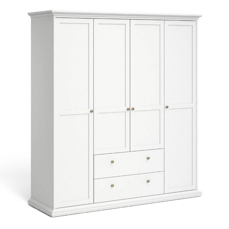 Paris White Wardrobe w/ 4 Doors & 2 Drawers - White Tree Furniture