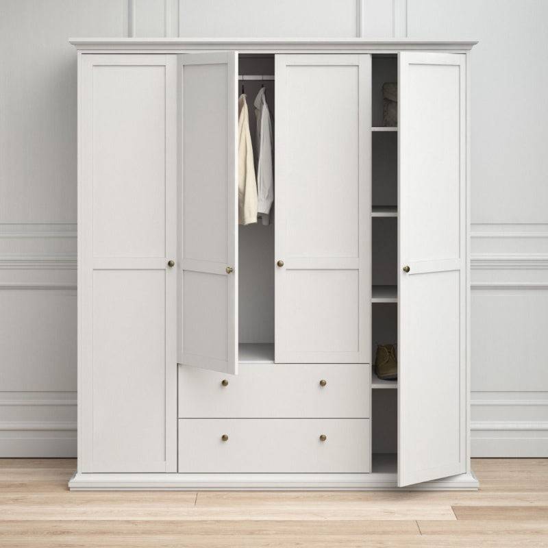 Paris White Wardrobe w/ 4 Doors & 2 Drawers - White Tree Furniture