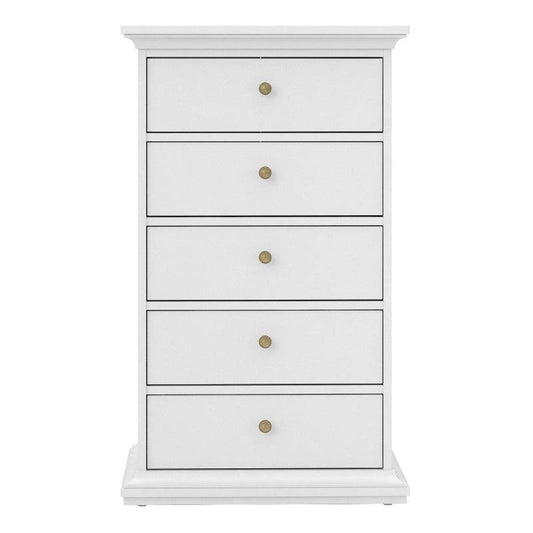 Paris White Narrow Chest of 5 Drawers - White Tree Furniture