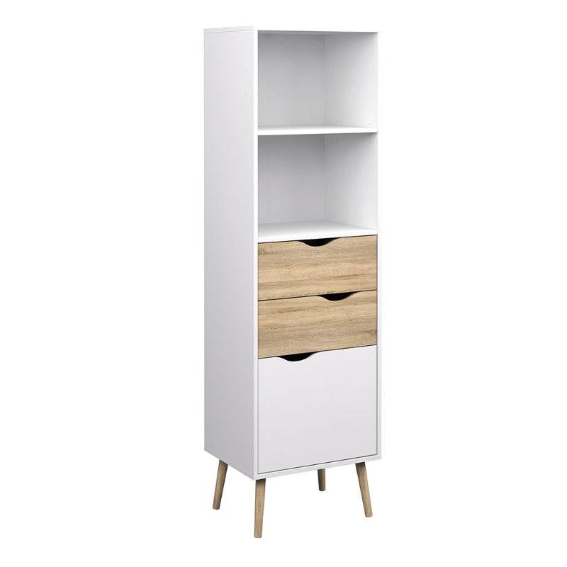 Oslo White & Oak Bookcase w/ 2 Drawers & 1 Door - White Tree Furniture