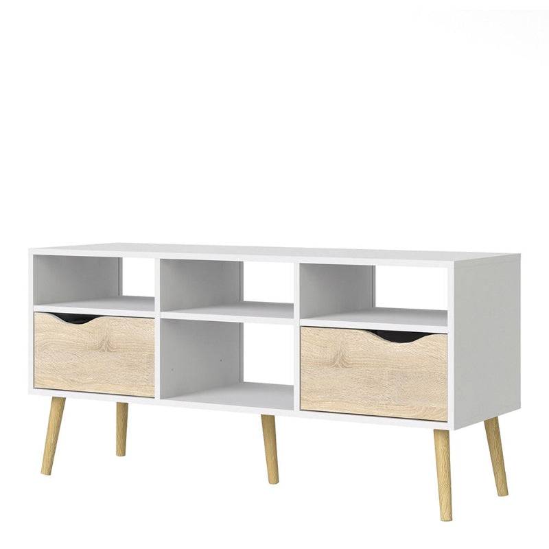 Oslo White & Oak Wide TV Unit w/ 2 Drawers & 4 Shelves - White Tree Furniture