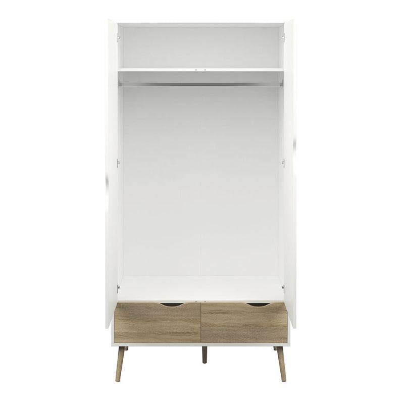 Oslo White & Oak Wardrobe w/ 2 Doors & 2 Drawers - White Tree Furniture