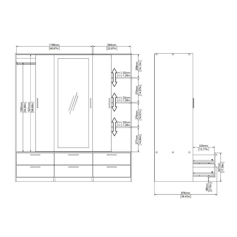 Line Wardrobe w/ 3 Doors in Oak w/ White High Gloss  - White Tree Furniture