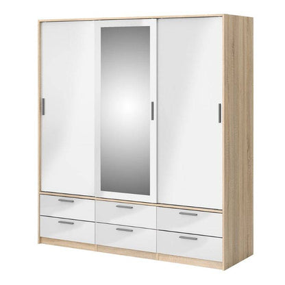 Line Wardrobe w/ 3 Doors in Oak w/ White High Gloss  - White Tree Furniture