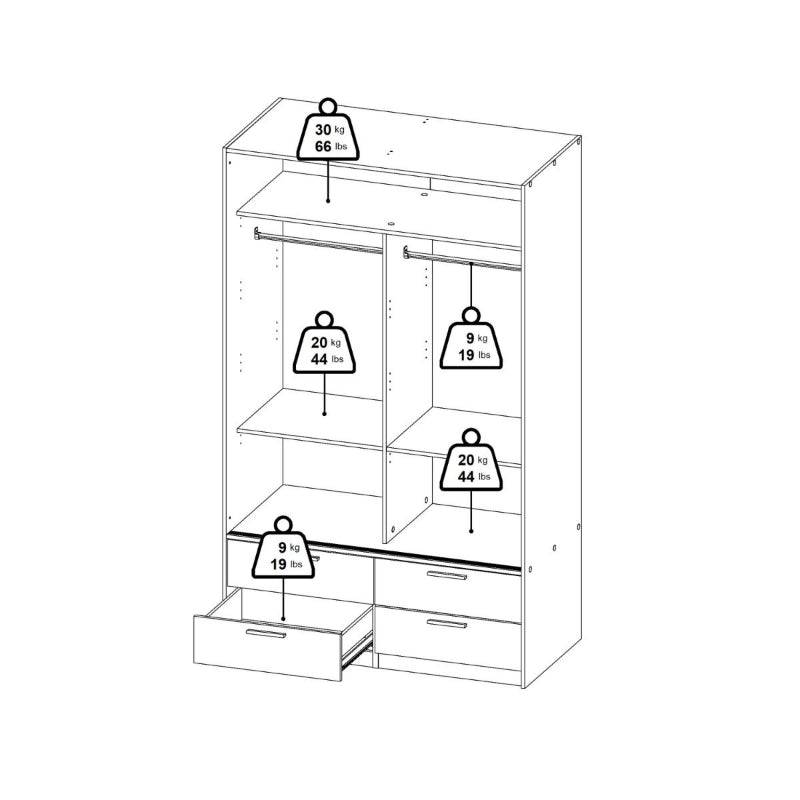 Line White Wardrobe w/ 2 Sliding Doors & 4 Drawers - White Tree Furniture