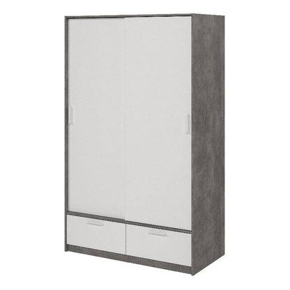 Line White & Concrete Wardrobe w/ 2 Sliding Doors & 2 Drawers - White Tree Furniture