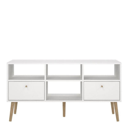 Cumbria White TV Unit w/ 2 Drawers & Oak Legs - White Tree Furniture