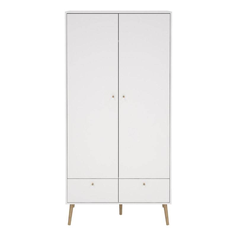 Cumbria White Double Wardrobe w/ 2 Drawers & Oak Legs - White Tree Furniture