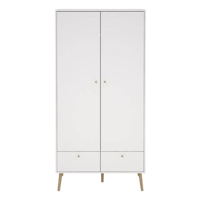 Cumbria White Double Wardrobe w/ 2 Drawers & Oak Legs - White Tree Furniture