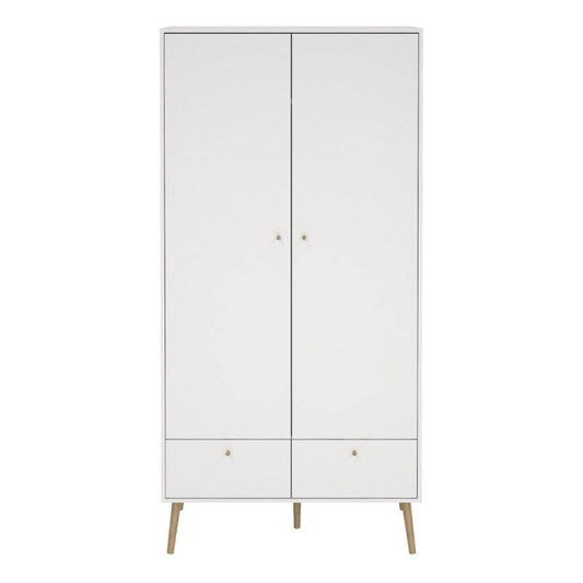Cumbria White Double Wardrobe w/ 2 Drawers & Oak Legs - White Tree Furniture