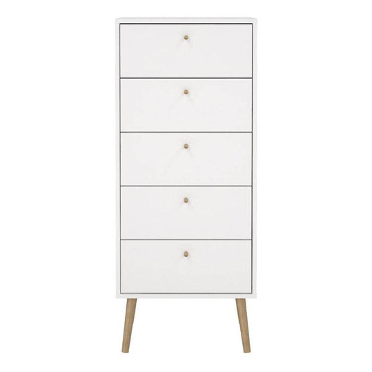 Cumbria White Narrow Chest 5 Drawers w/ Oak Legs - White Tree Furniture