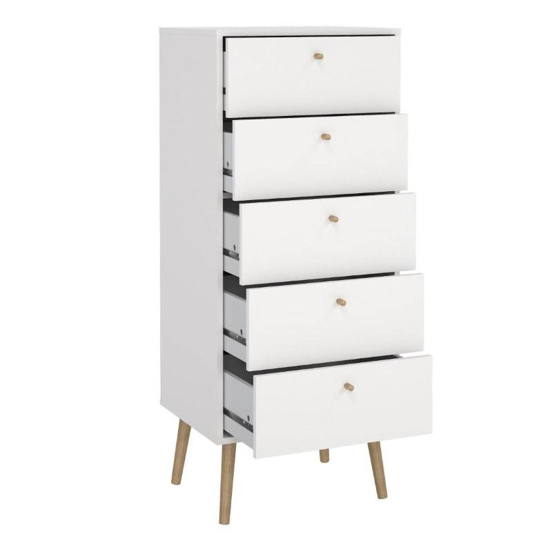 Cumbria White Narrow Chest 5 Drawers w/ Oak Legs - White Tree Furniture