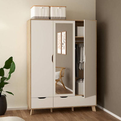 Ikast Wardrobe w/ 3 Doors & 2 Drawers & Mirror - White Tree Furniture