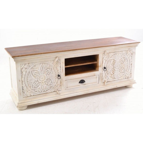 Ancient Mariner Mango Wood Carved Distressed White TV Unit - White Tree Furniture