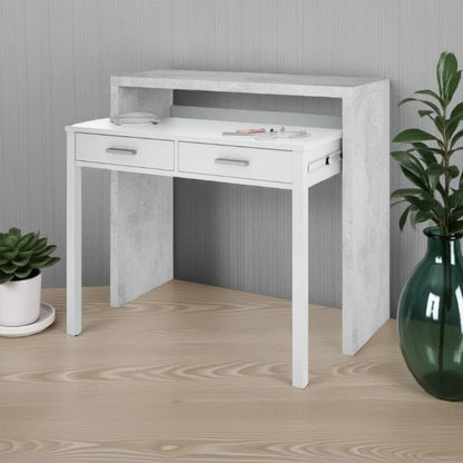 White desk with concrete finish on a wooden floor with decorative plants.
