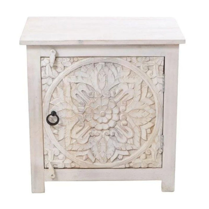 Ancient Mariner Mango Wood Carved Distressed White 1 Door Side Table
