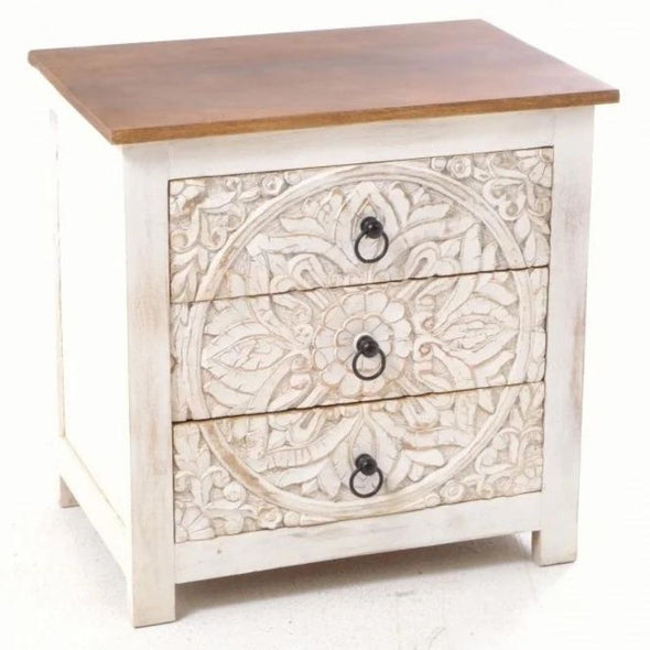 Ancient Mariner Mango Wood Carved Distressed White 3 Drawer Side Table