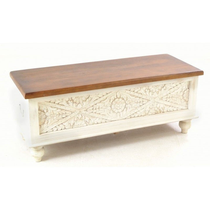 Ancient Mariner Mango Wood Carved Distressed White Bedding Box