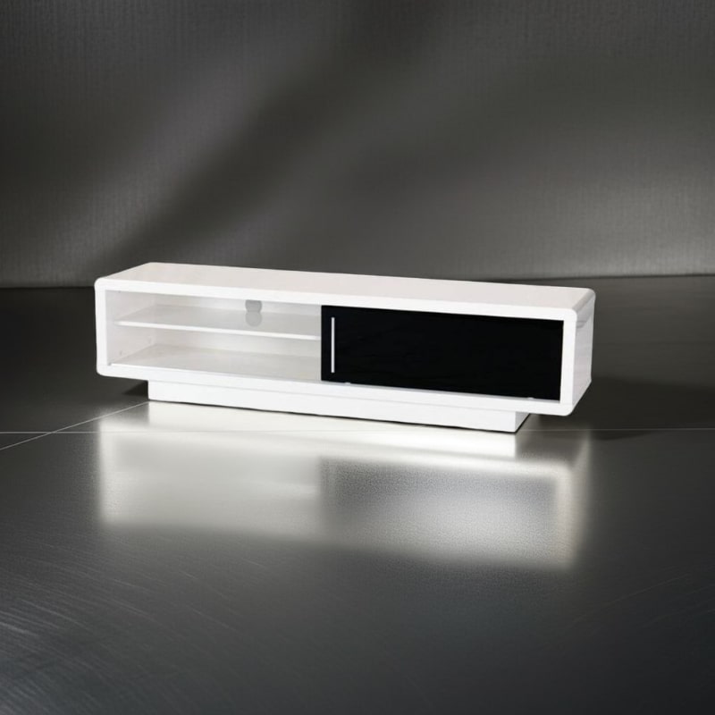 Modern white TV stand with black panel on a dark surface