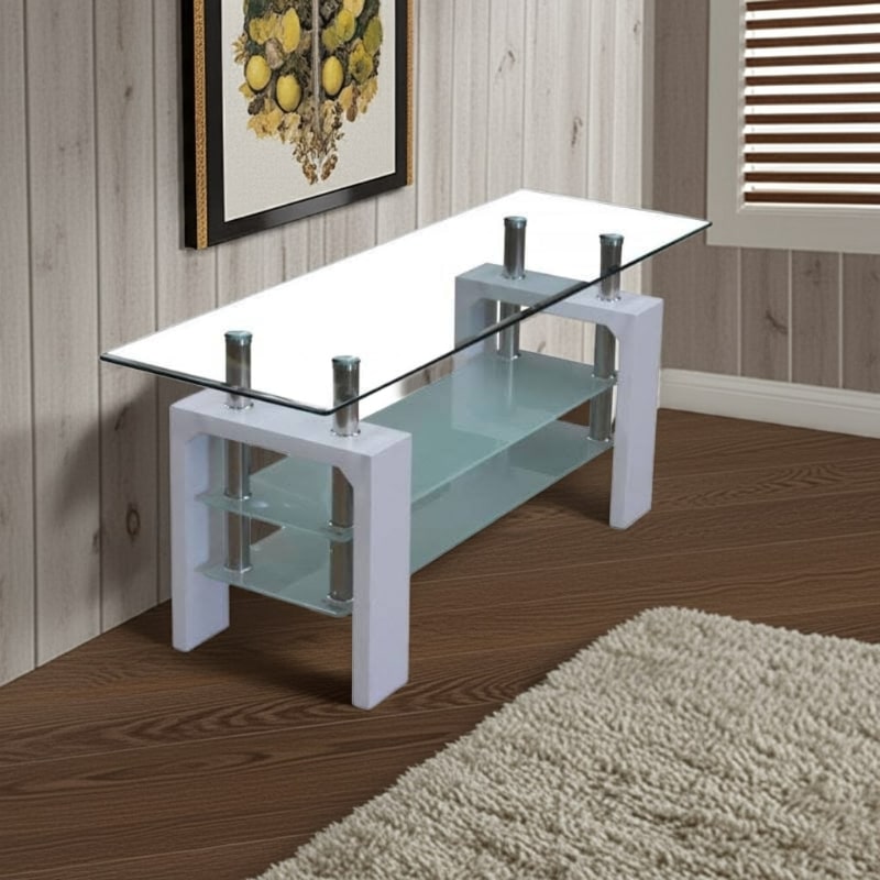 Glass coffee table with white base in a room with wooden floor and wall.