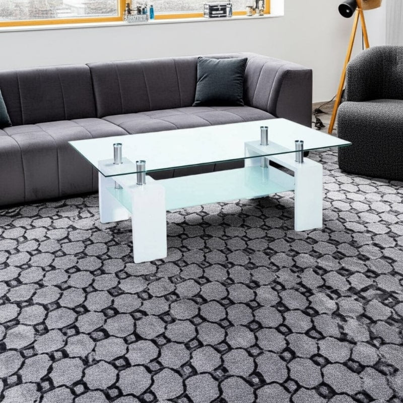 Modern living room with a glass coffee table and gray sofa on a patterned rug.