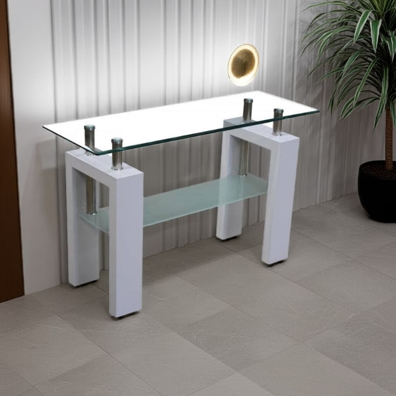Modern glass console table with white base in a room setting.