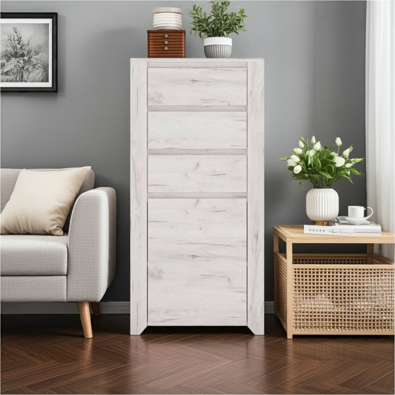 White wooden cabinet in a living room setting with a sofa and side table.