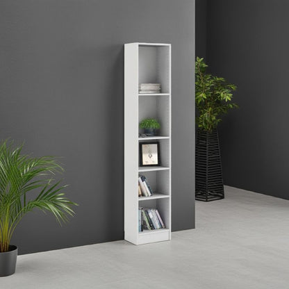 White bookshelf against a gray wall with plants on a light gray floor