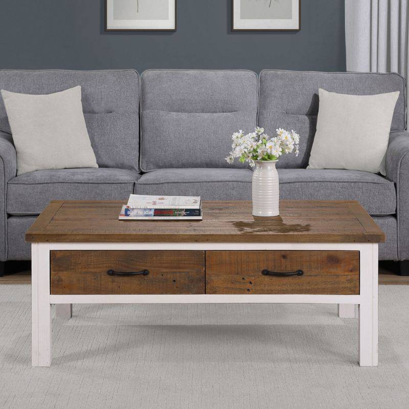 Baumhaus Splash of White Reclaimed Coffee Table w/ 4 Drawers in Distressed White & Natural Wood VTTW08A - White Tree Furniture