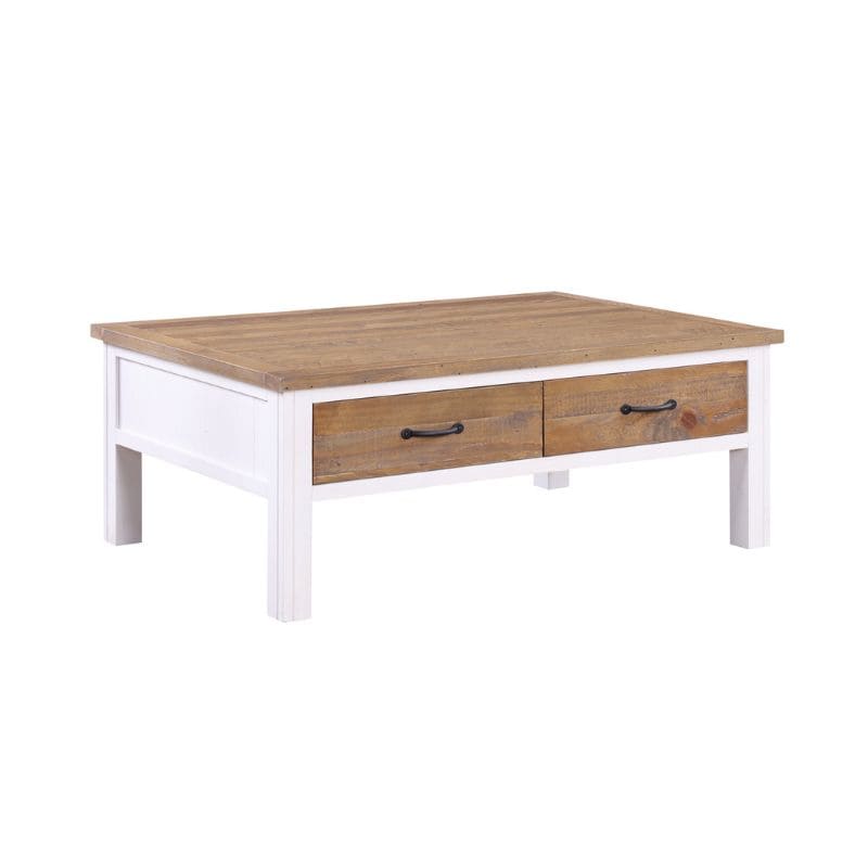 Baumhaus Splash of White Reclaimed Coffee Table w/ 4 Drawers in Distressed White & Natural Wood VTTW08A - White Tree Furniture