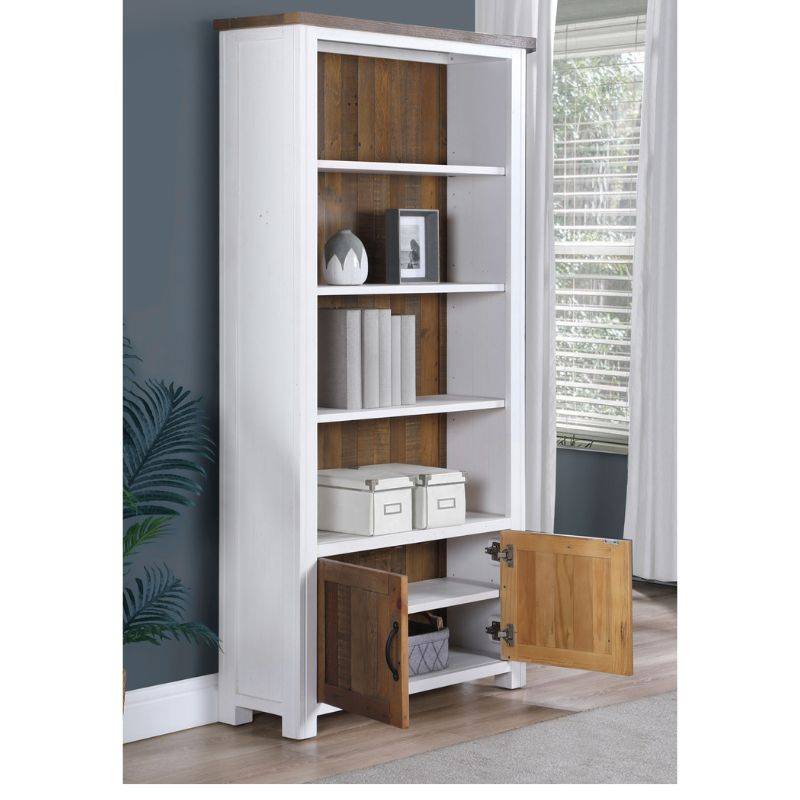 Baumhaus Splash of White Reclaimed Large Open Bookcase w/ Doors in White & Weathered Wood VTTW01B - White Tree Furniture