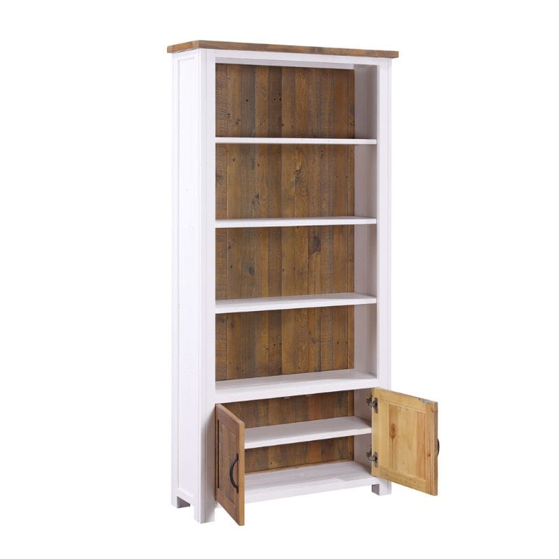 Baumhaus Splash of White Reclaimed Large Open Bookcase w/ Doors in White & Weathered Wood VTTW01B - White Tree Furniture