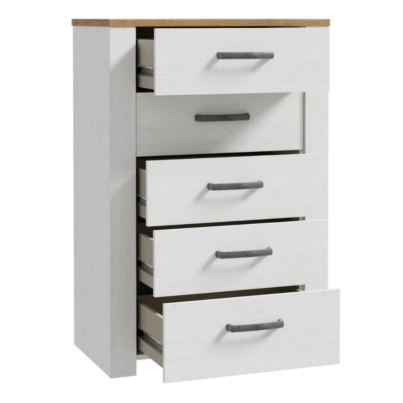 Bohol 5 Drawer Narrow Chest in Riviera Oak / White - White Tree Furniture