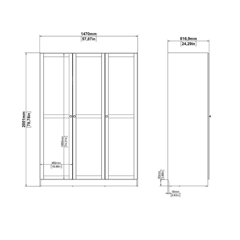 Brande White Wardrobe with 3 Frame Doors - White Tree Furniture