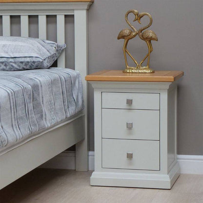 COTSWOLD 3 Drawer Bedside Table in Light Grey with Lacquered Oak Top - White Tree Furniture