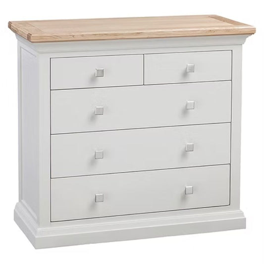 White dresser with wooden top on a white background
