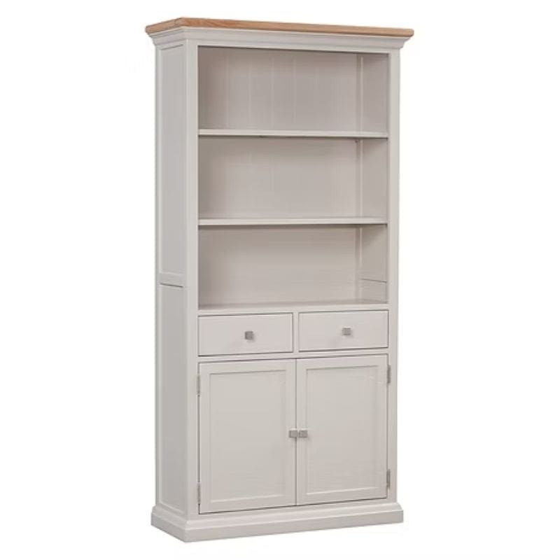 White bookshelf with wooden top on a white background